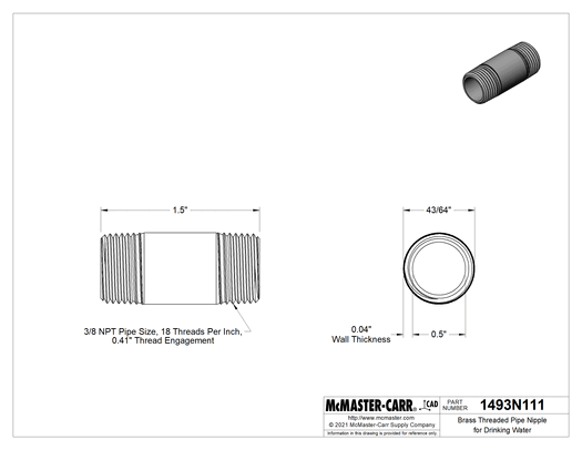 Technical drawing of Brass Threaded Pipe Nipple for Drinking Water, High-Pressure, Threaded on Both Ends, 3/8 NPT, 1-1/2" Long.